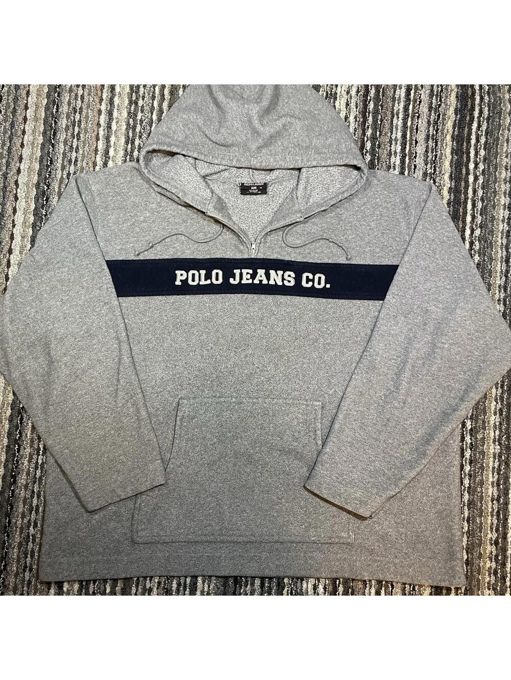 Polo Jeans Co. Ralph Lauren Hoodie Mens XL Gray 1/4 Zip Spell Out Sweatshirt
